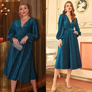 SHEIN Plus Teal Lantern Sleeve Glitter Dress 4X / 20